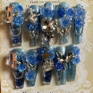 Blue Glitter Floral Aquarium Nail Set